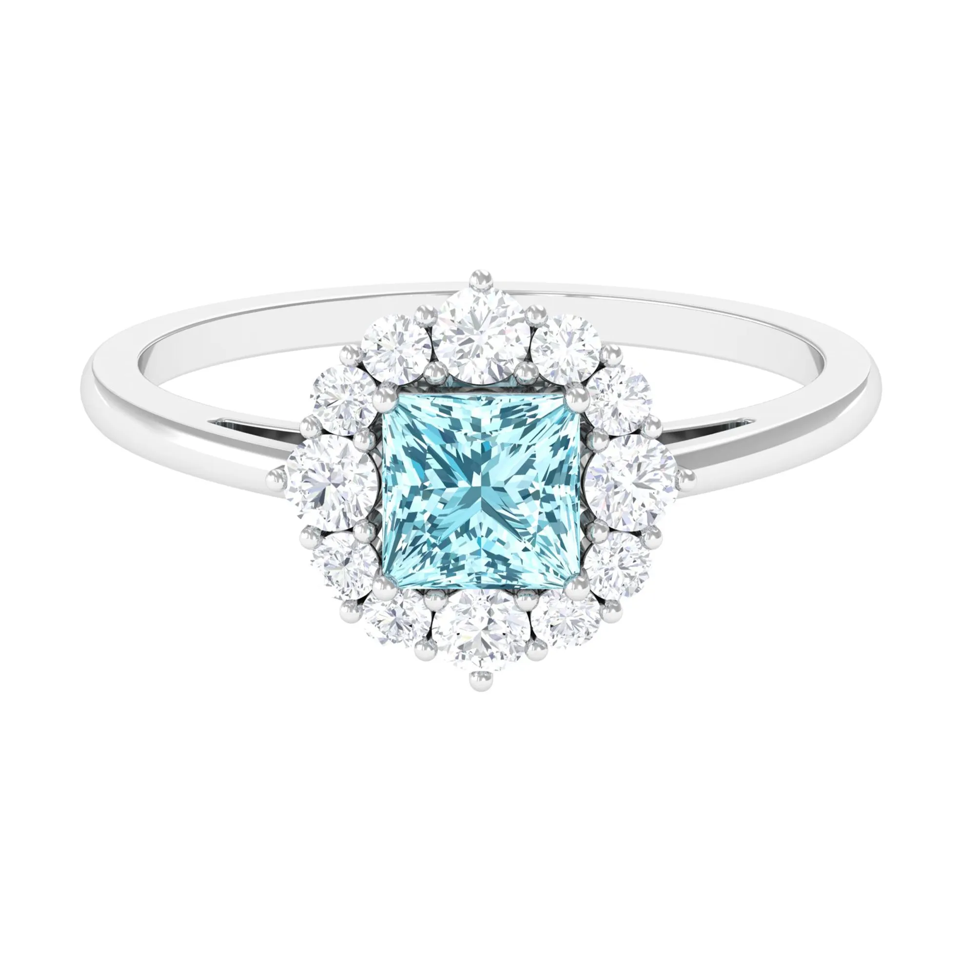 Princess Cut Aquamarine Engagement Ring with Diamond Halo