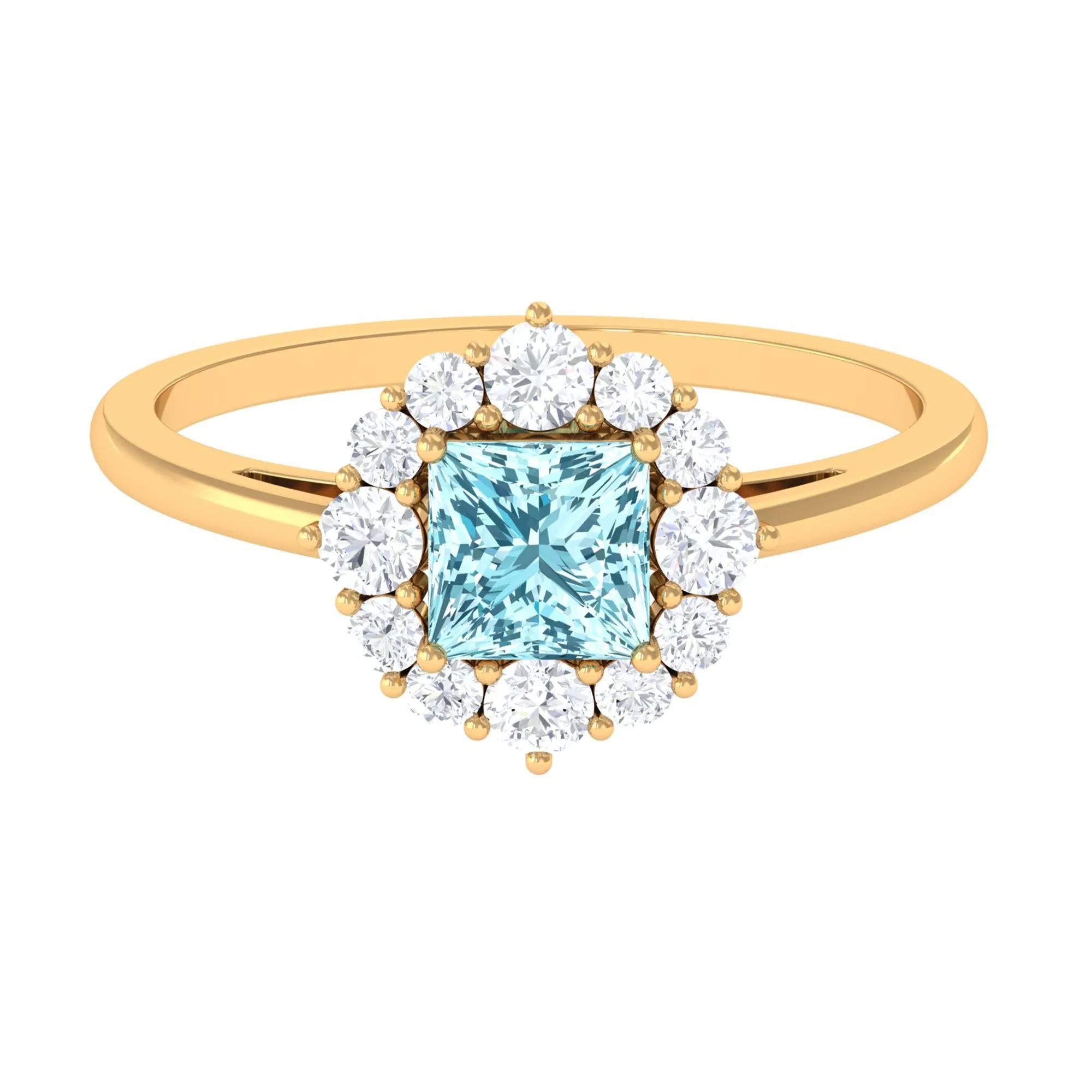 Princess Cut Aquamarine Engagement Ring with Diamond Halo