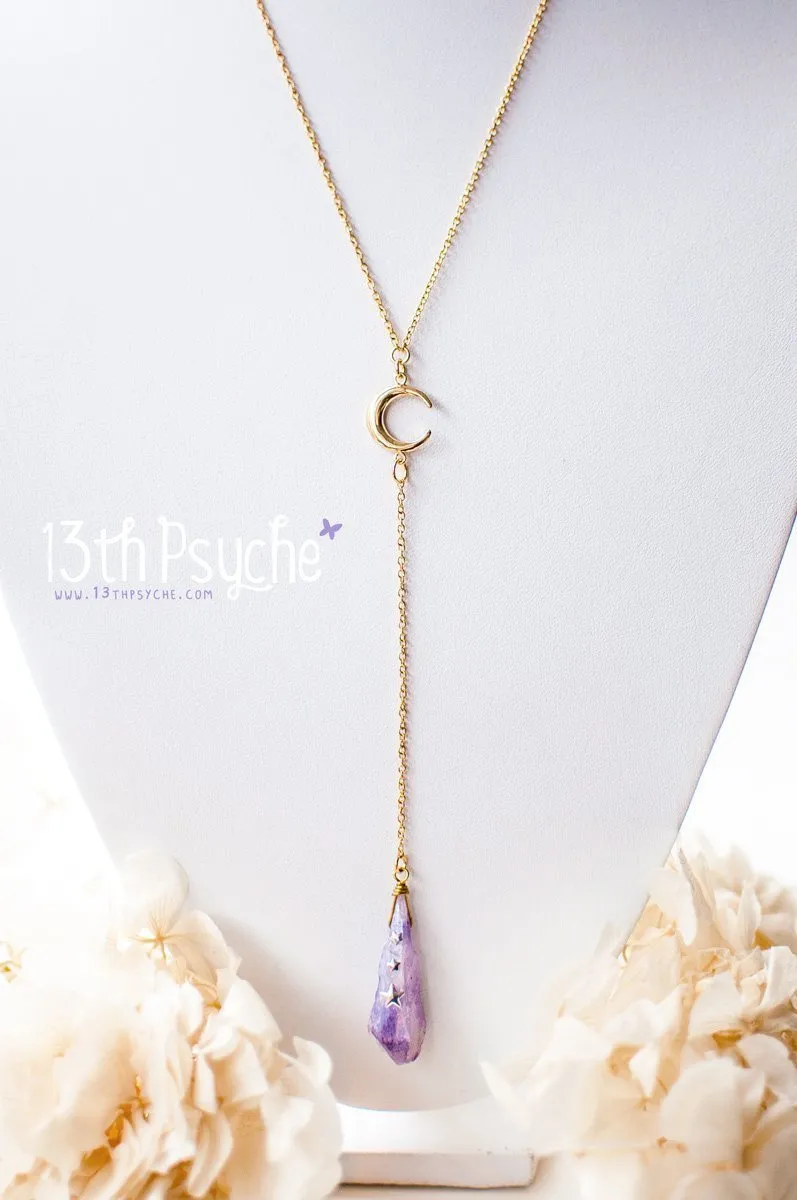 Purple raw stone and moon lariat necklace