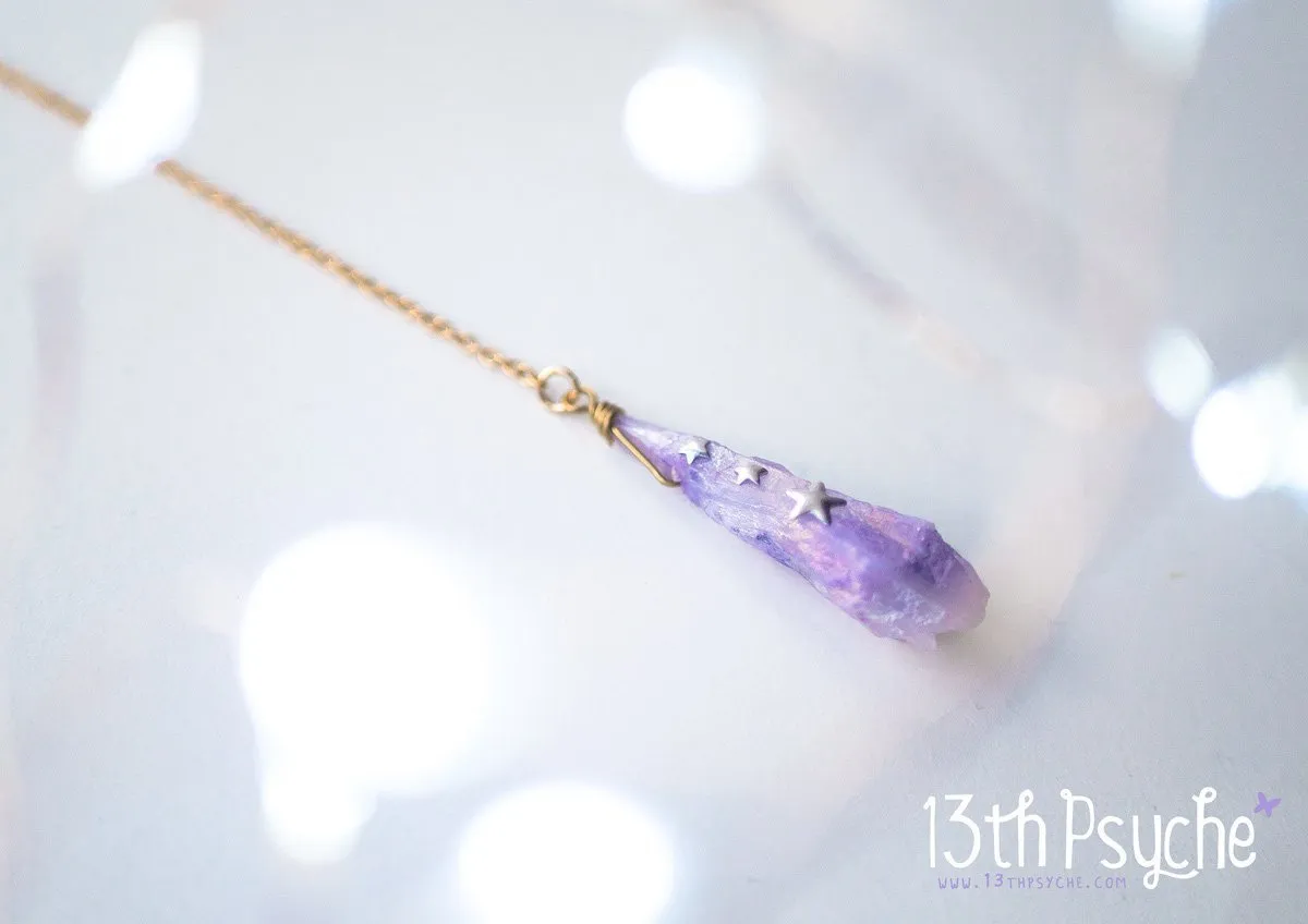 Purple raw stone and moon lariat necklace