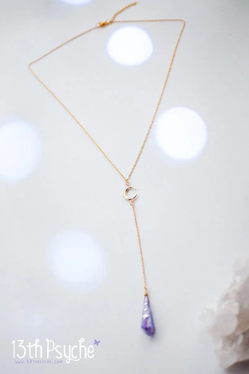 Purple raw stone and moon lariat necklace