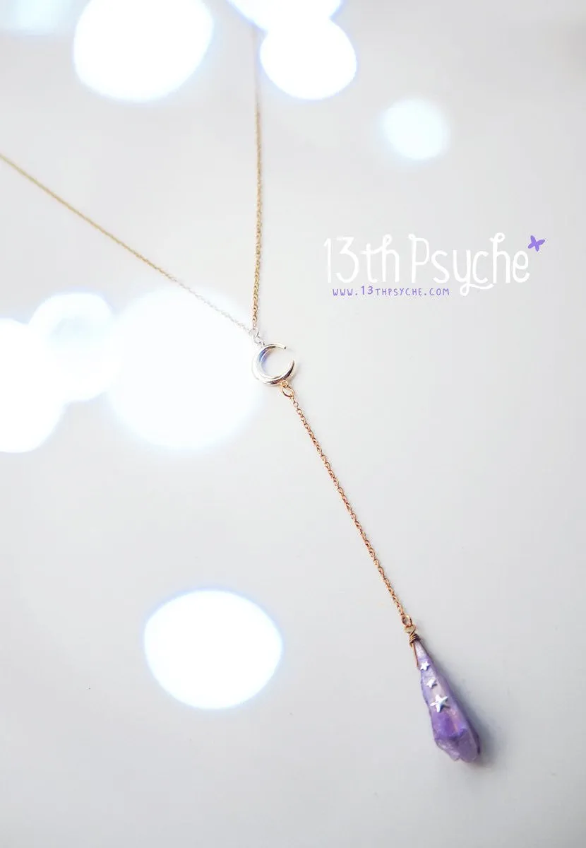 Purple raw stone and moon lariat necklace