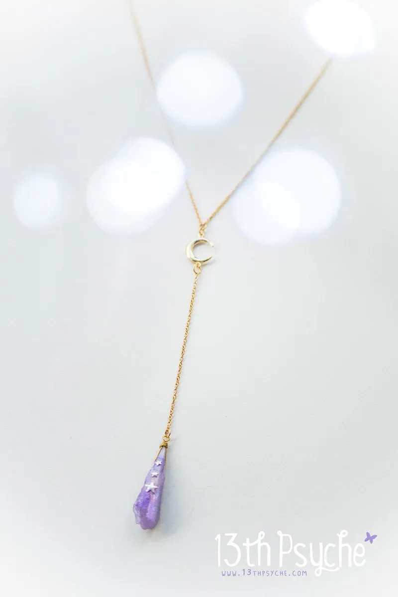 Purple raw stone and moon lariat necklace