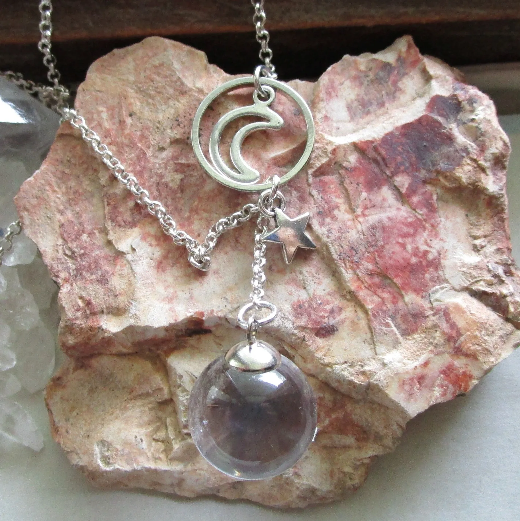 Quartz Crystal Ball Moon and Star Ring Pendant Necklace