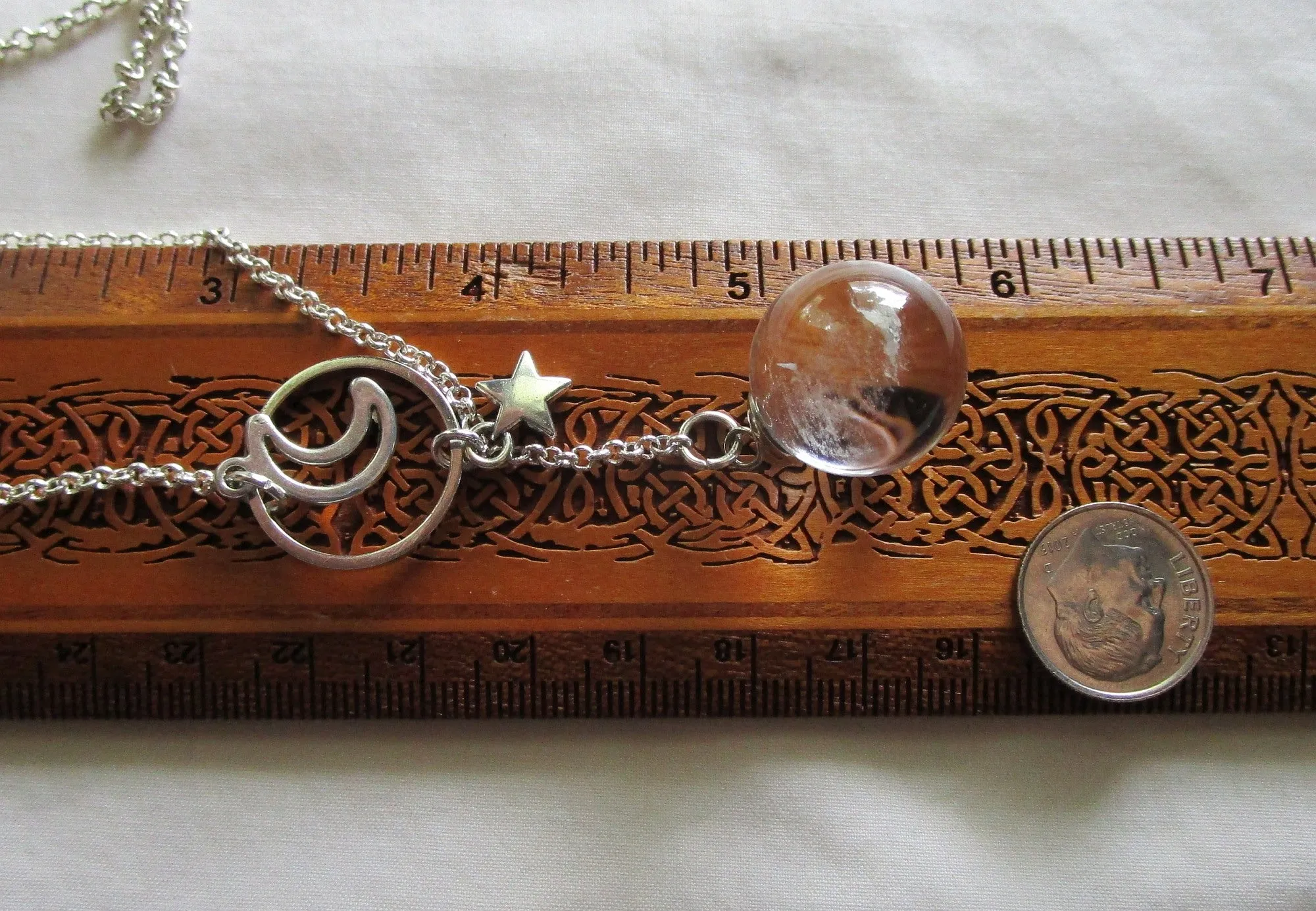 Quartz Crystal Ball Moon and Star Ring Pendant Necklace