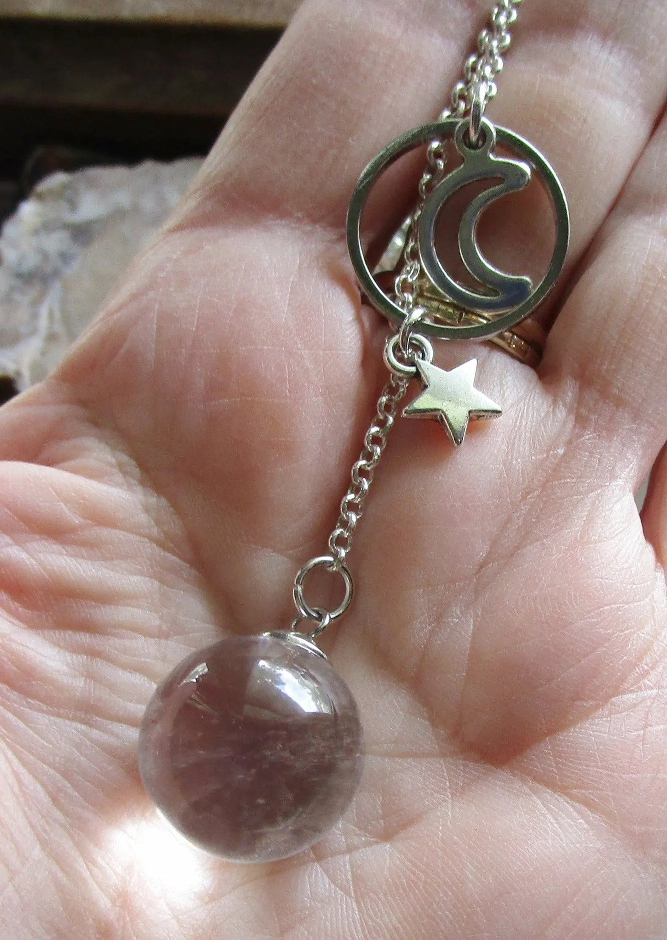 Quartz Crystal Ball Moon and Star Ring Pendant Necklace