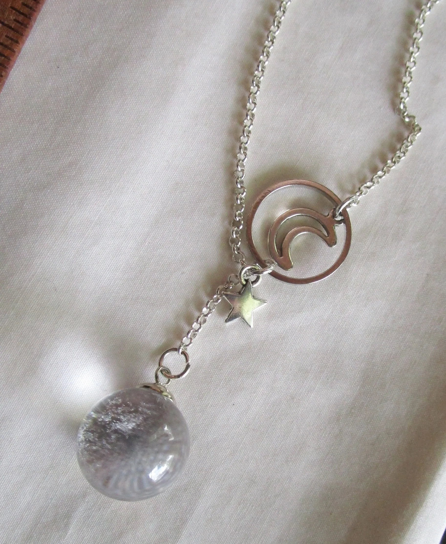 Quartz Crystal Ball Moon and Star Ring Pendant Necklace