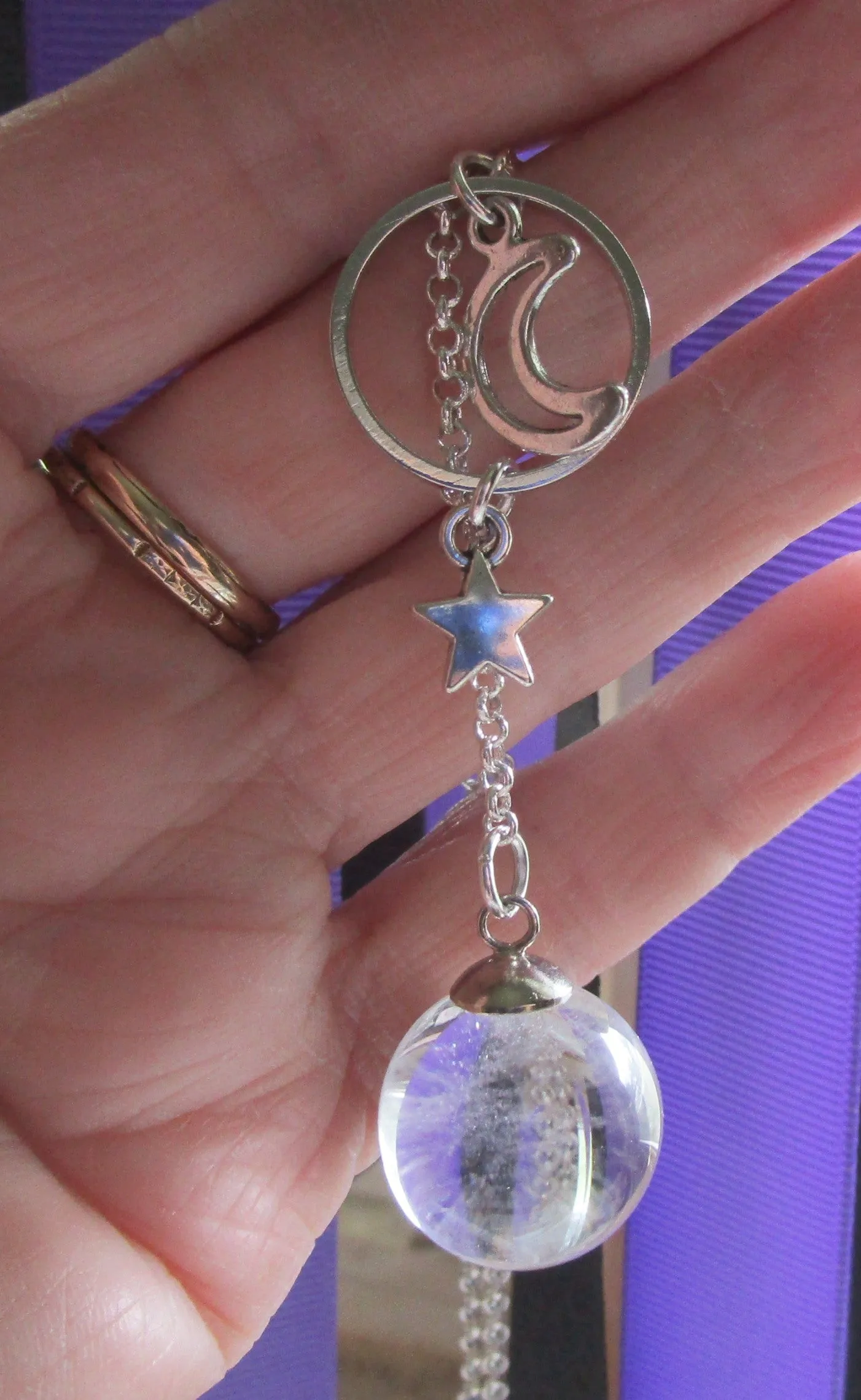 Quartz Crystal Ball Moon and Star Ring Pendant Necklace