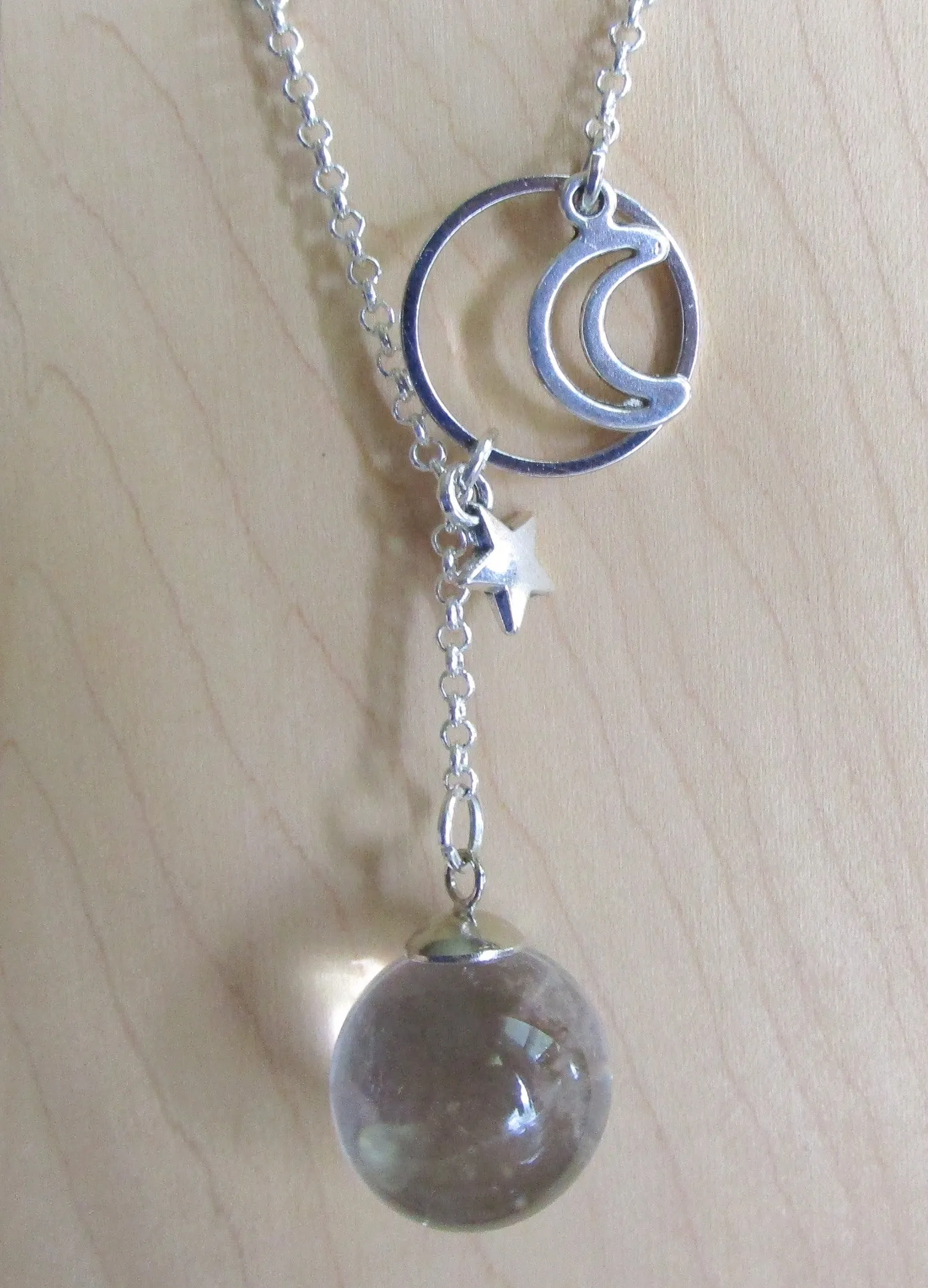 Quartz Crystal Ball Moon and Star Ring Pendant Necklace