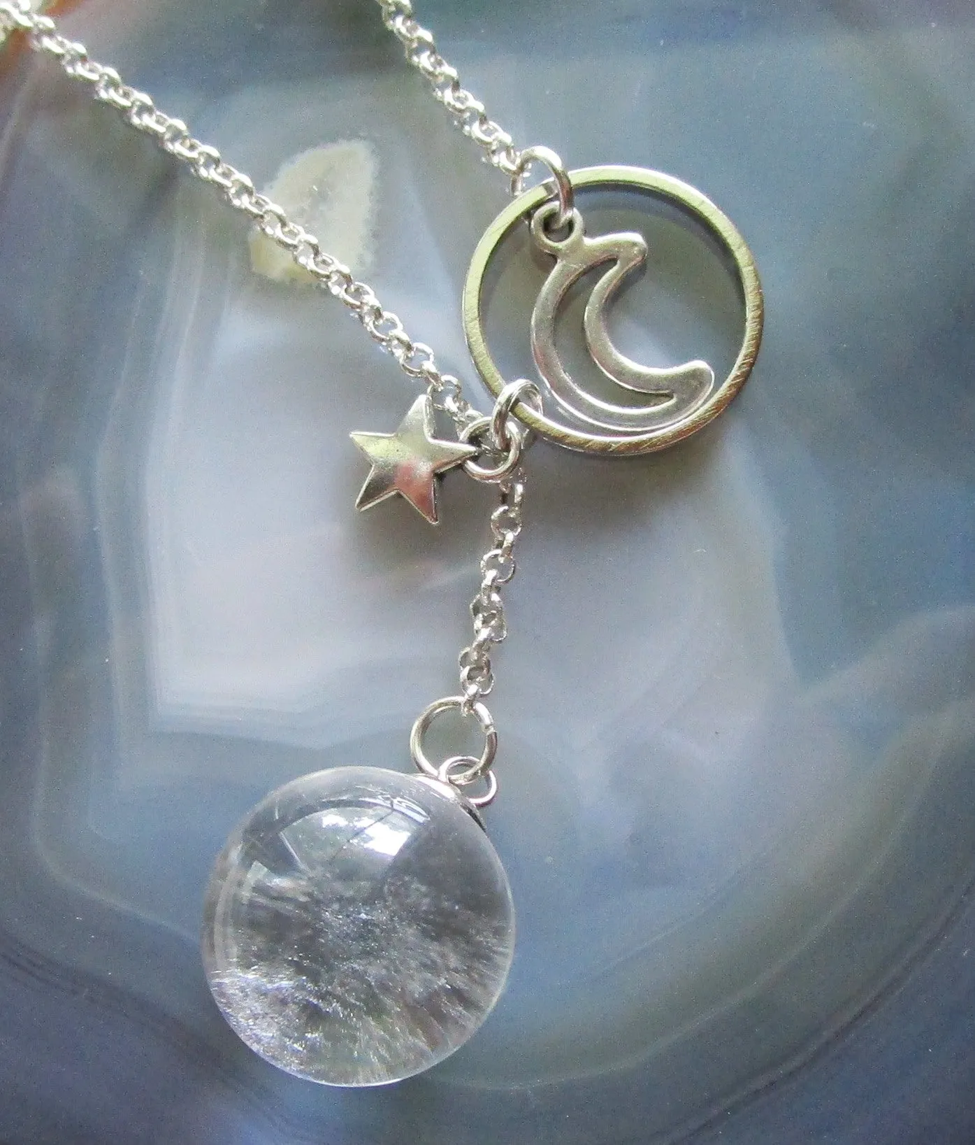 Quartz Crystal Ball Moon and Star Ring Pendant Necklace