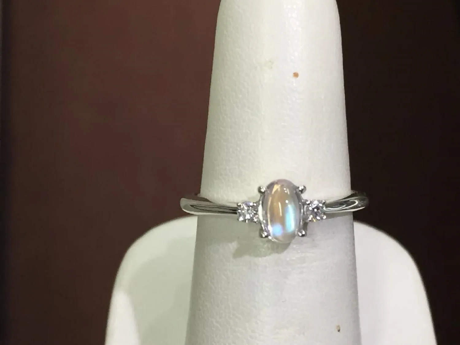 Rainbow Moonstone & Diamond Silver Ring