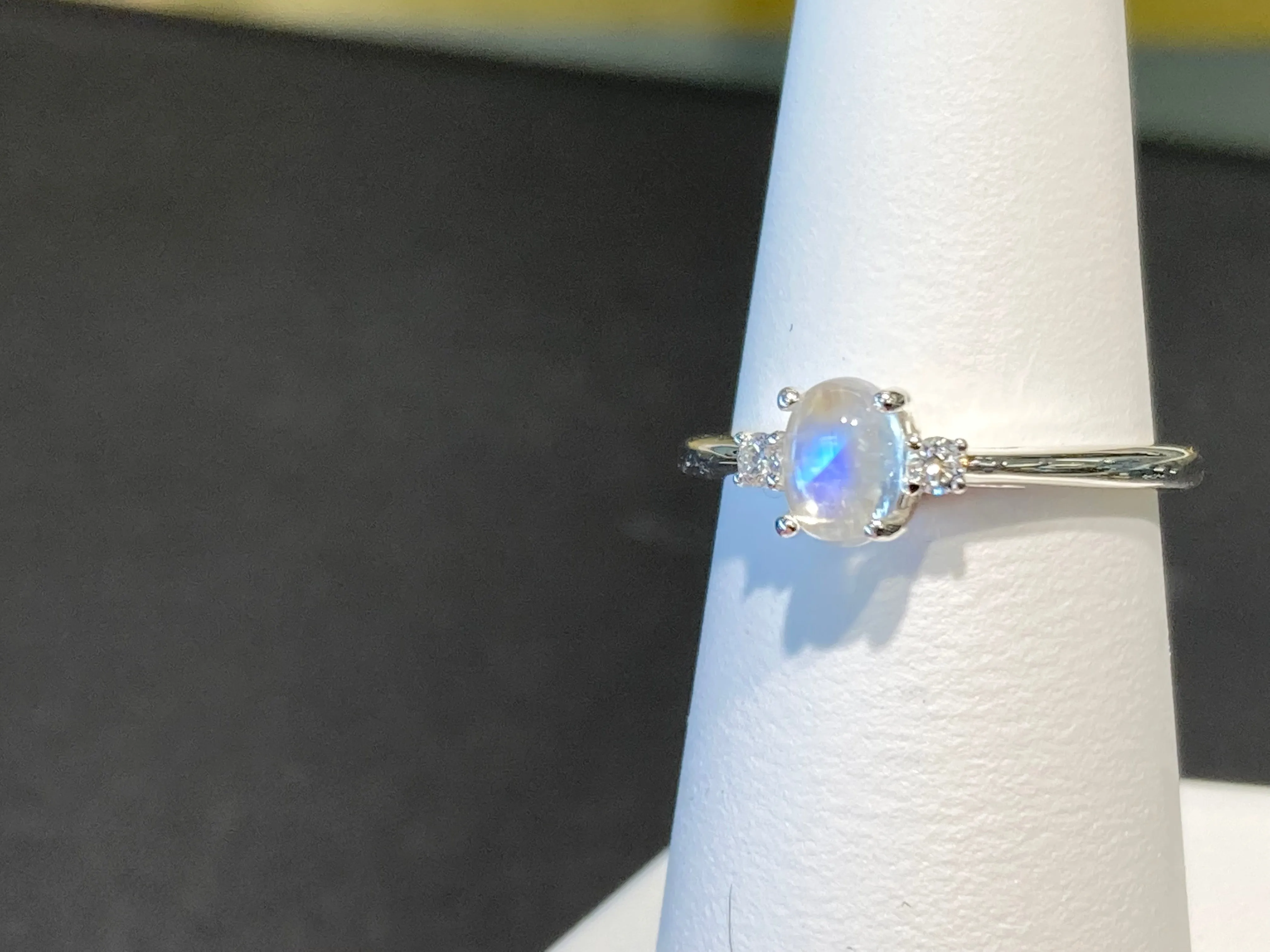 Rainbow Moonstone & Diamond Silver Ring