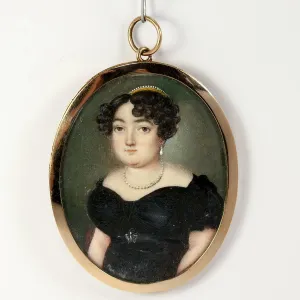 Rare Fine French Empire Portrait Miniature, 15k Gold Frame, Pearl Tiara, Diadem