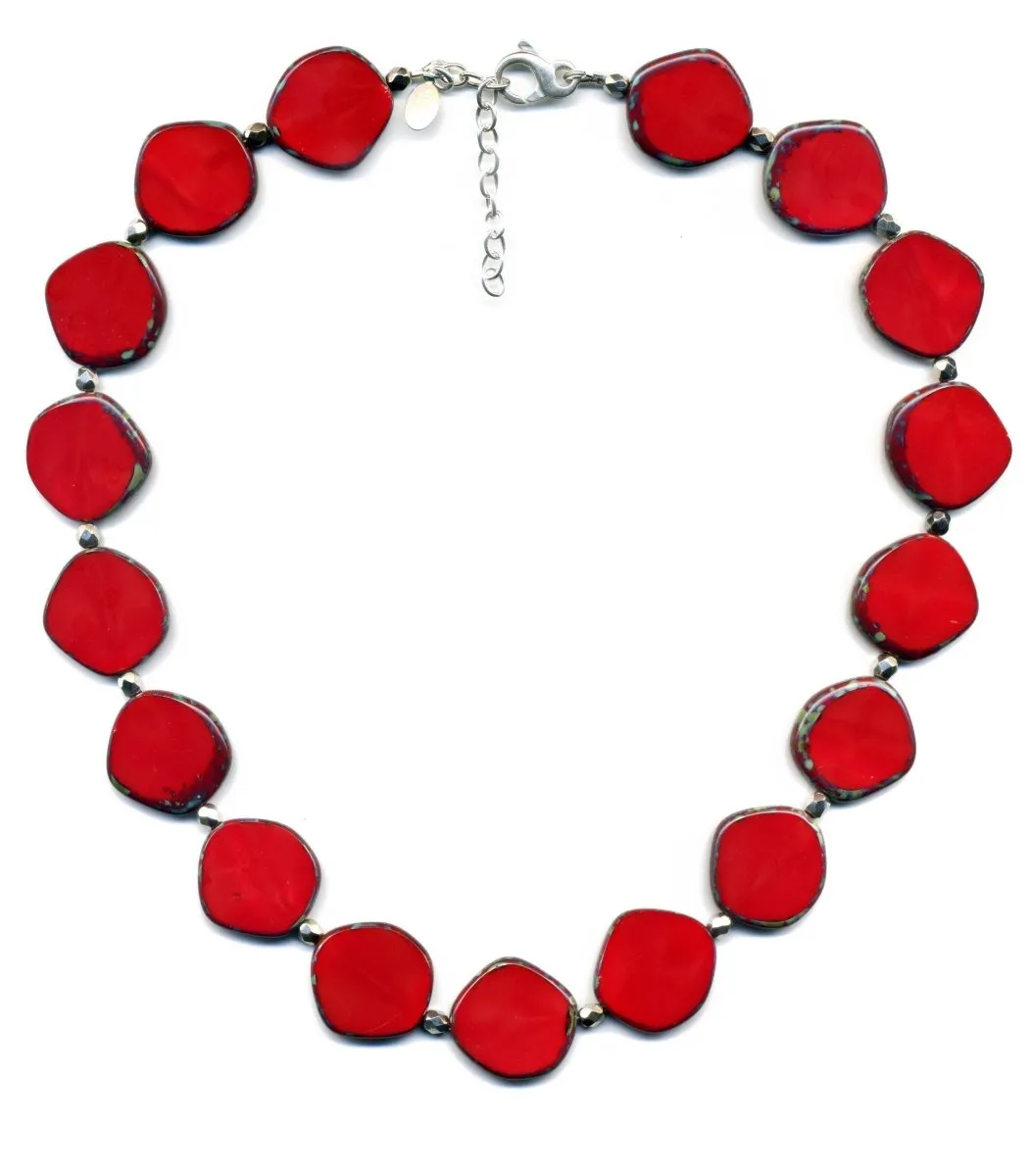 Red Beaded Necklace, Large Circle Glass Beaded Necklace