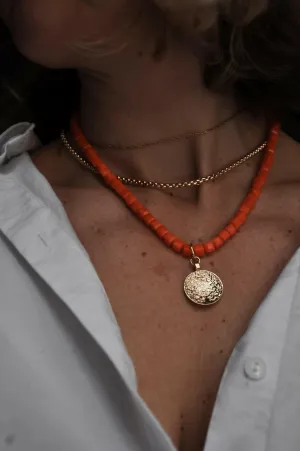 Red Beaded Necklace with Coin Pendent