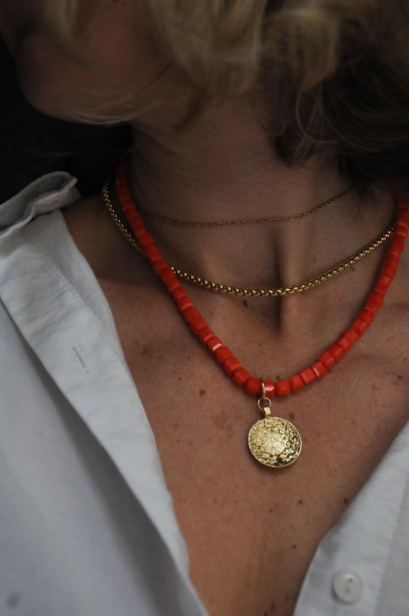 Red Beaded Necklace with Coin Pendent