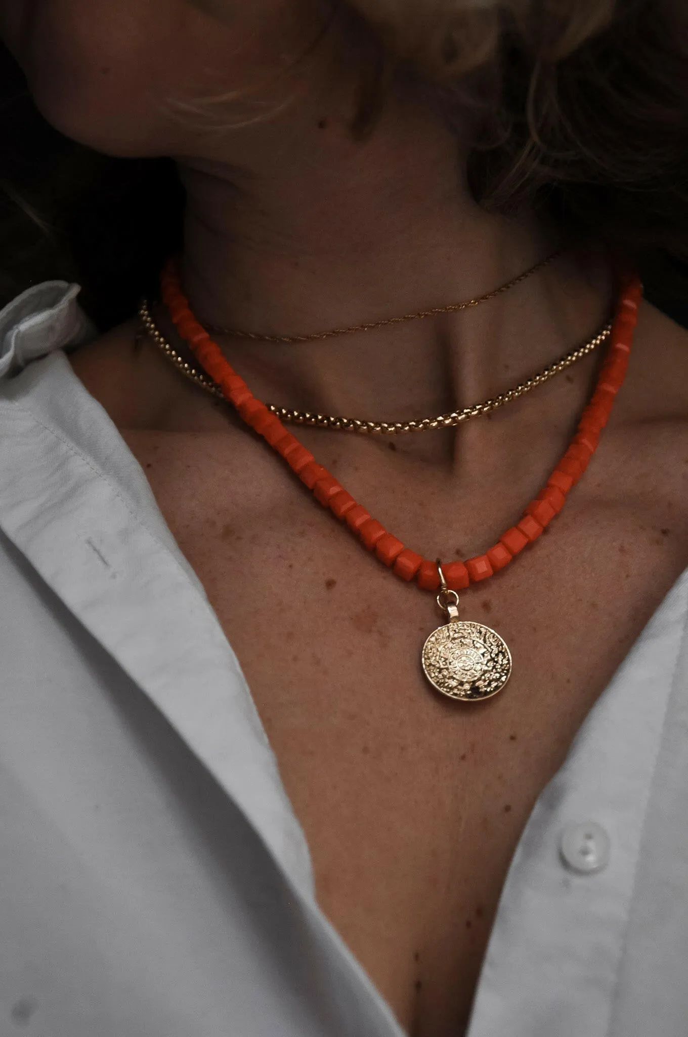 Red Beaded Necklace with Coin Pendent