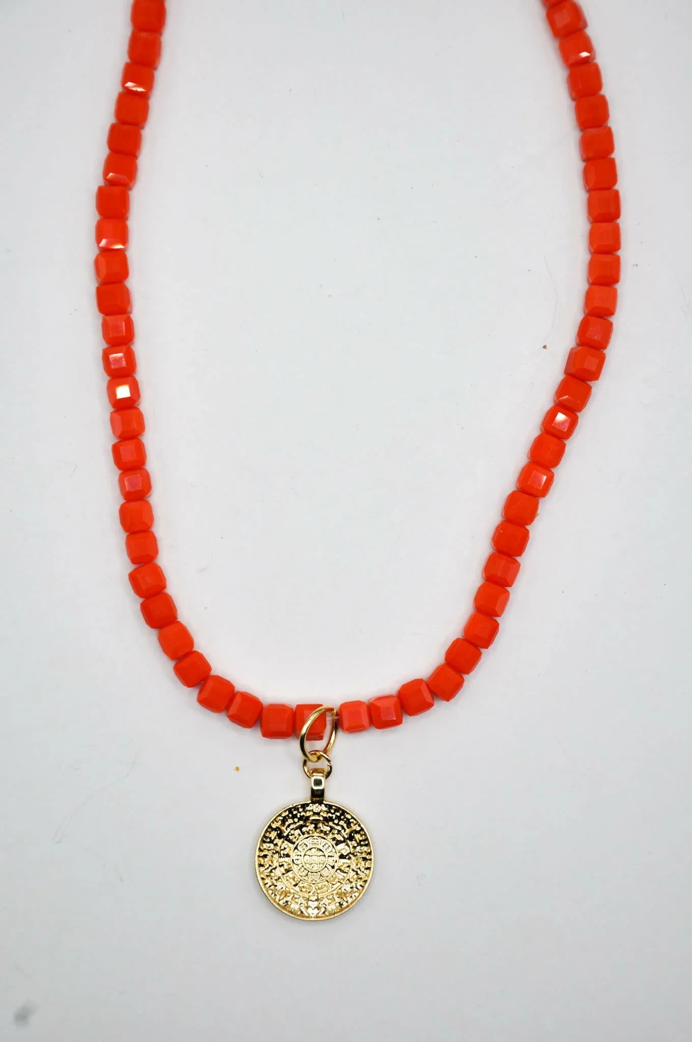 Red Beaded Necklace with Coin Pendent