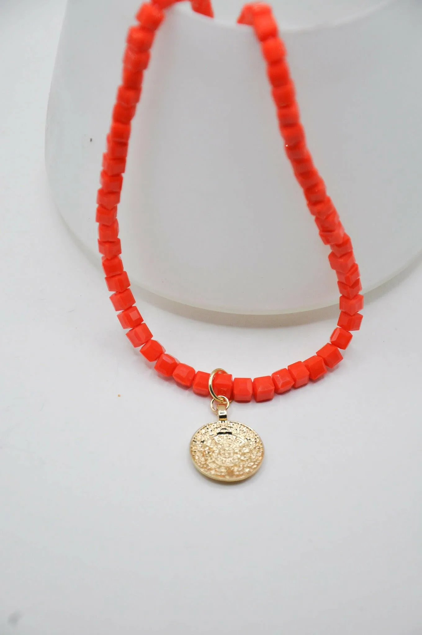 Red Beaded Necklace with Coin Pendent