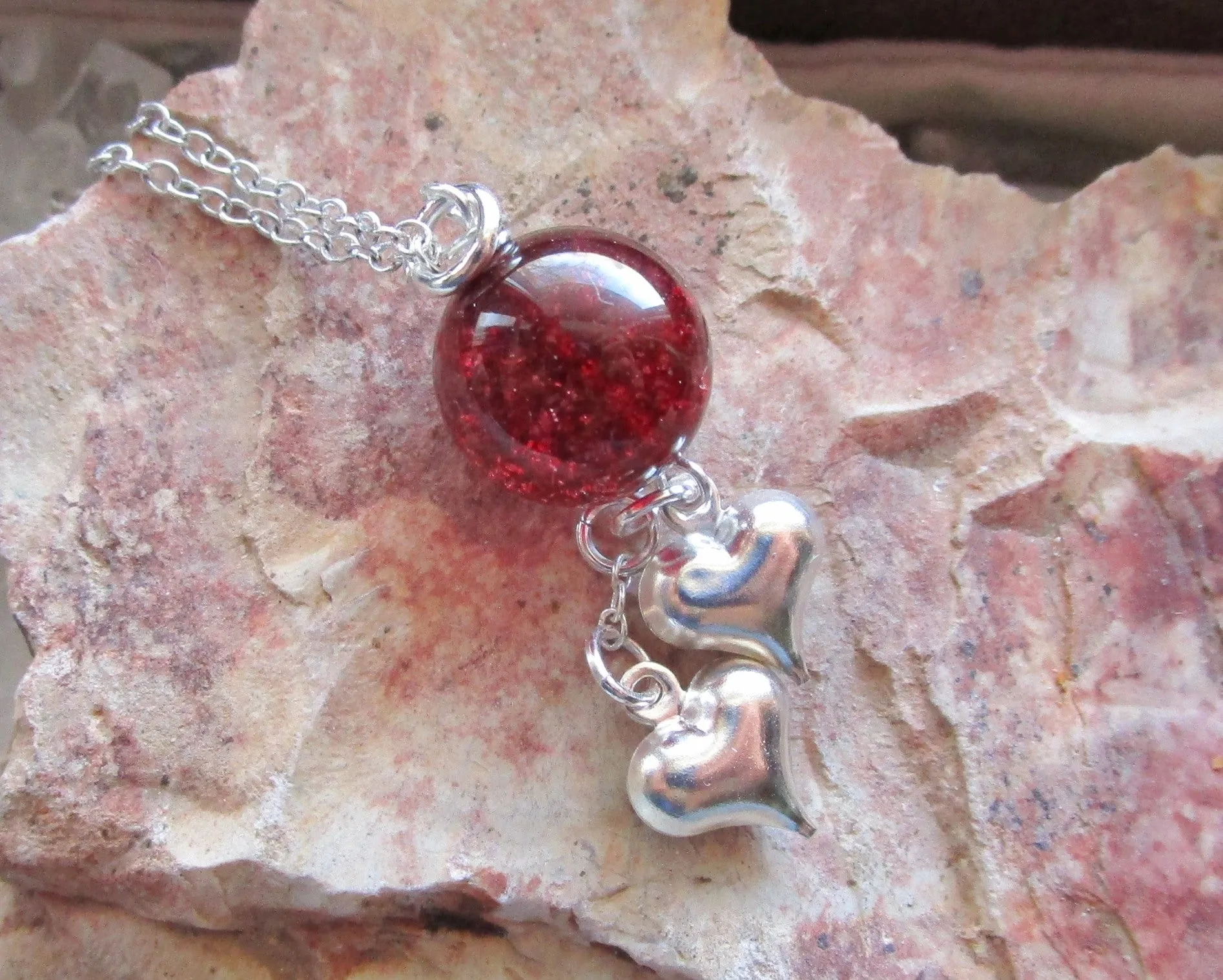 Red Mystic Quartz Crystal Ball Silver Hearts Pendant Necklace