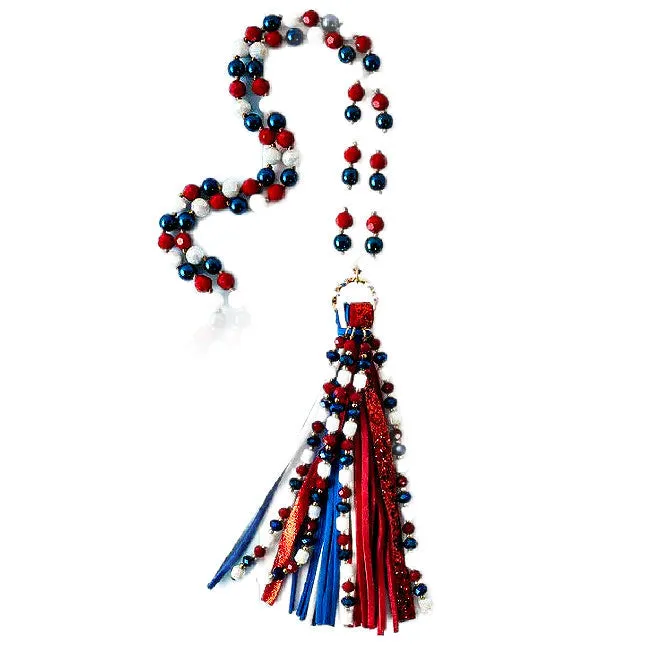 Red White and Blue Long Beaded Tassel Necklace