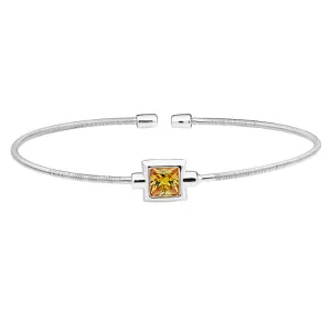 Rhodium Finish Sterling Silver Cable Cuff Bracelet with Princess Cut Simulated Citrine Birth Gem