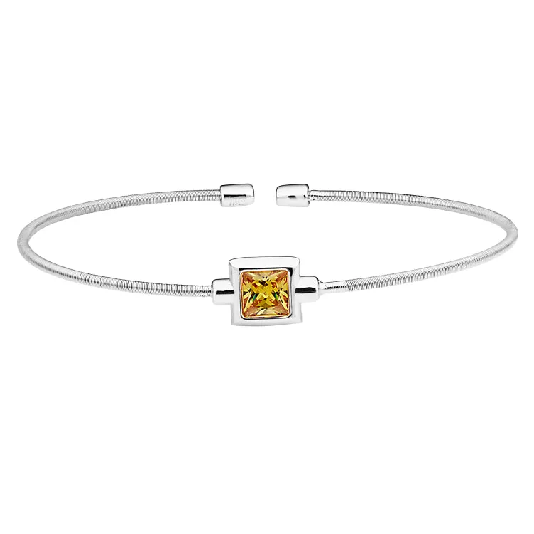 Rhodium Finish Sterling Silver Cable Cuff Bracelet with Princess Cut Simulated Citrine Birth Gem