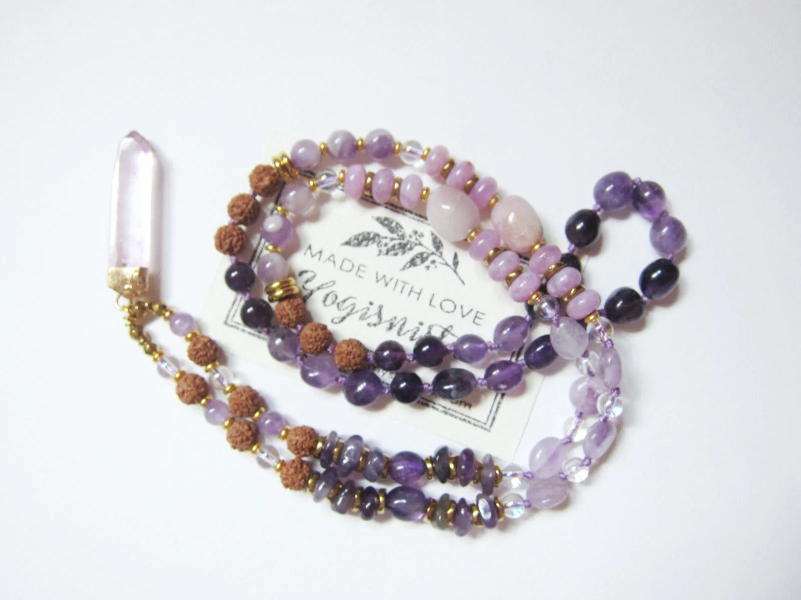 Rudraksha, Amethyst, Lavender, Kunzite Mala Pendant Necklace - The Sixth Chakra