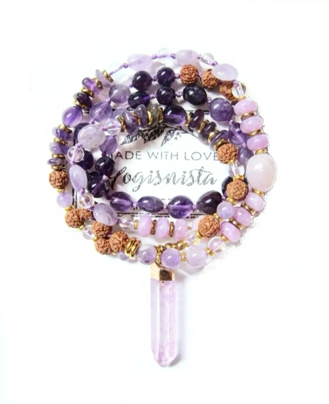 Rudraksha, Amethyst, Lavender, Kunzite Mala Pendant Necklace - The Sixth Chakra