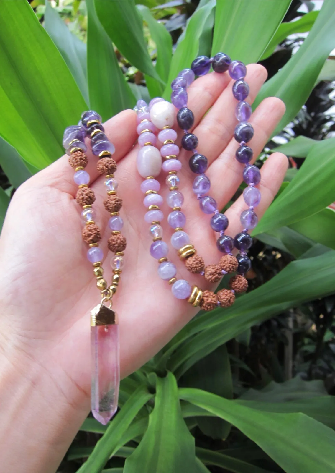 Rudraksha, Amethyst, Lavender, Kunzite Mala Pendant Necklace - The Sixth Chakra