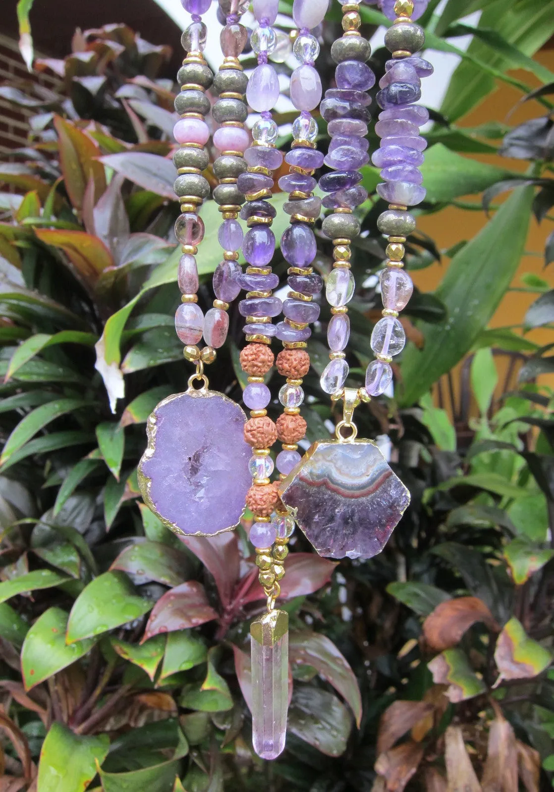 Rudraksha, Amethyst, Lavender, Kunzite Mala Pendant Necklace - The Sixth Chakra