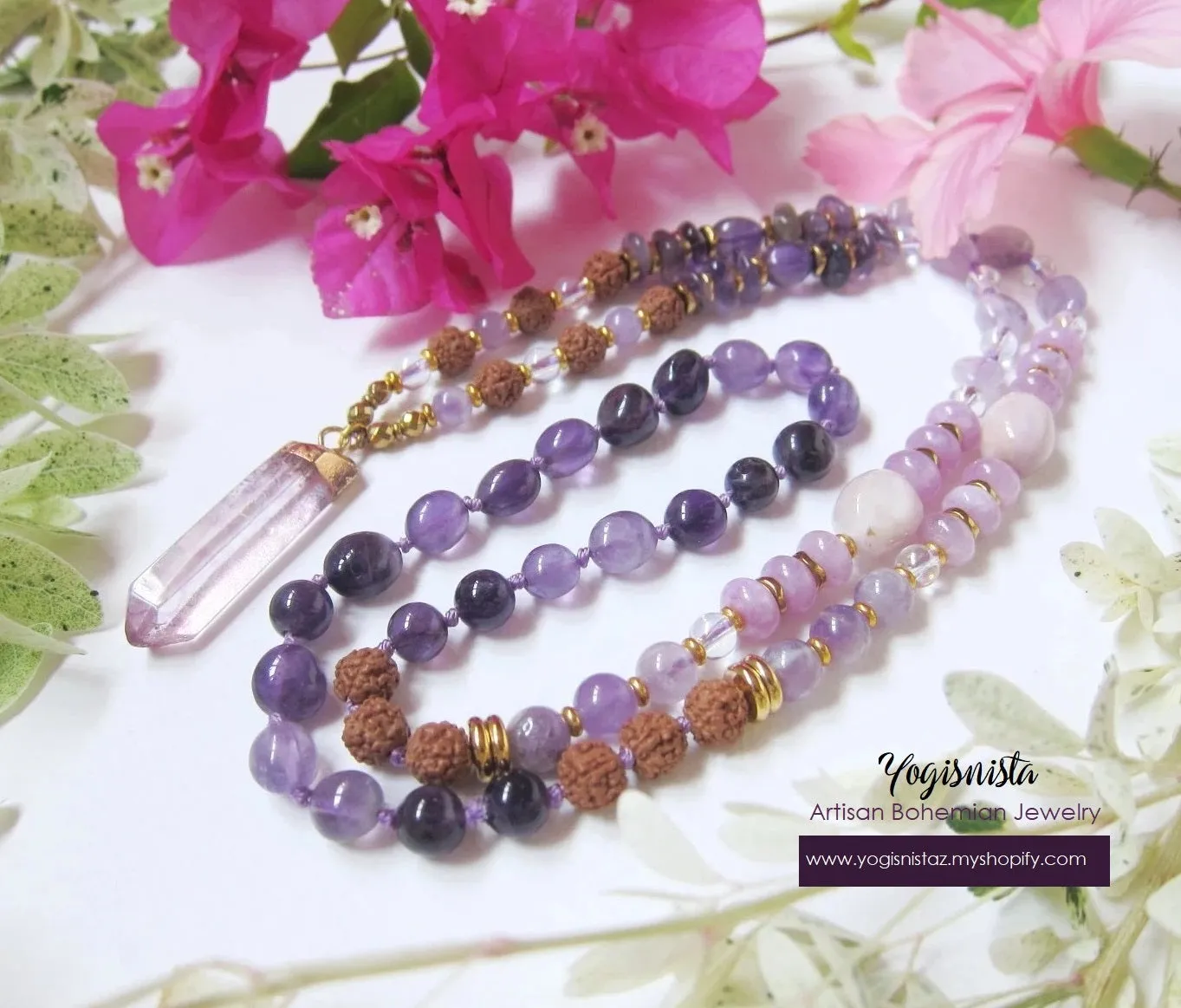 Rudraksha, Amethyst, Lavender, Kunzite Mala Pendant Necklace - The Sixth Chakra