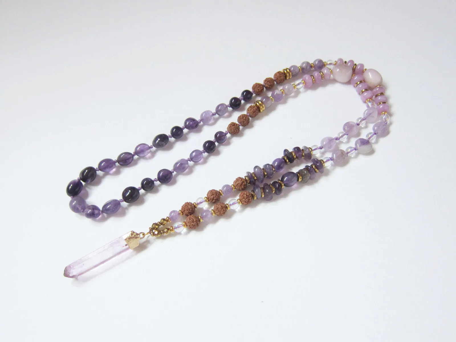 Rudraksha, Amethyst, Lavender, Kunzite Mala Pendant Necklace - The Sixth Chakra