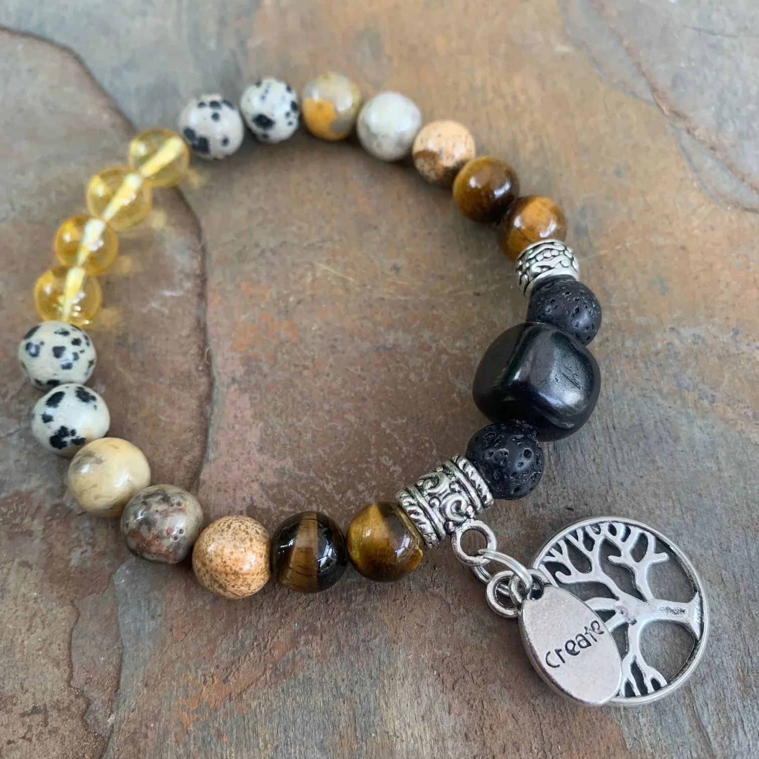 Shungite Amplified SOLAR PLEXUS Chakra Bracelet ~ Tree of Life and CREATE Charms  ~ Medium [#18]