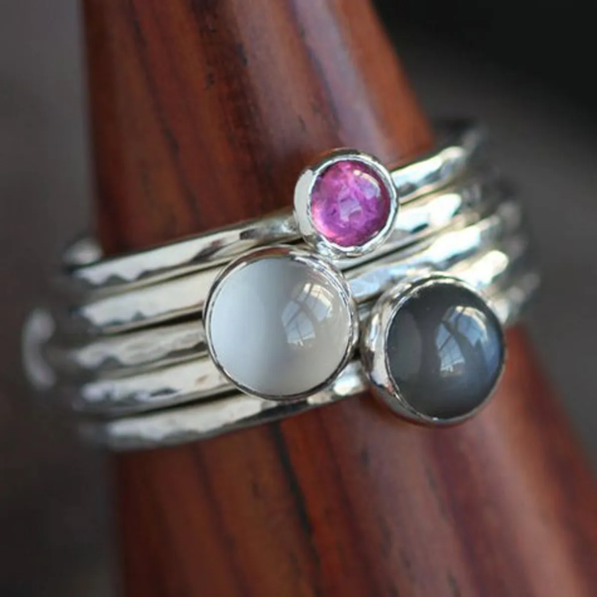 Silver Black Moonstone Hammered Stack Ring