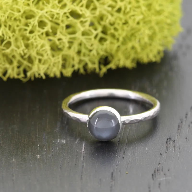 Silver Black Moonstone Hammered Stack Ring