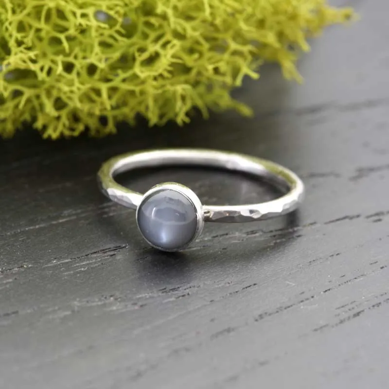 Silver Black Moonstone Hammered Stack Ring