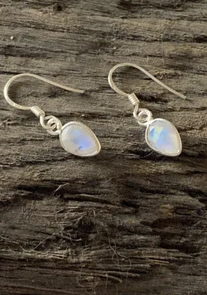 Solid Silver Rainbow Moonstone Tear-drop Drop Earrings