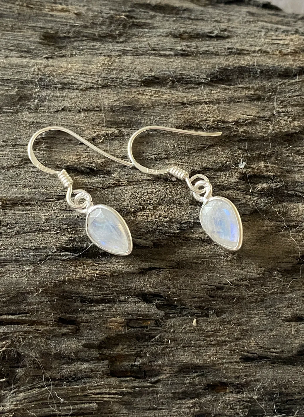 Solid Silver Rainbow Moonstone Tear-drop Drop Earrings