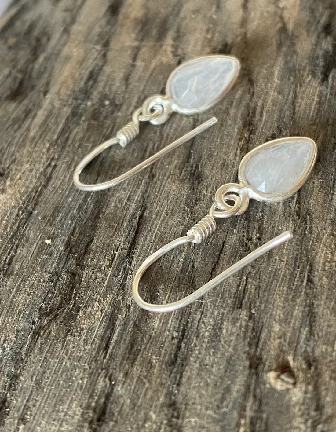 Solid Silver Rainbow Moonstone Tear-drop Drop Earrings