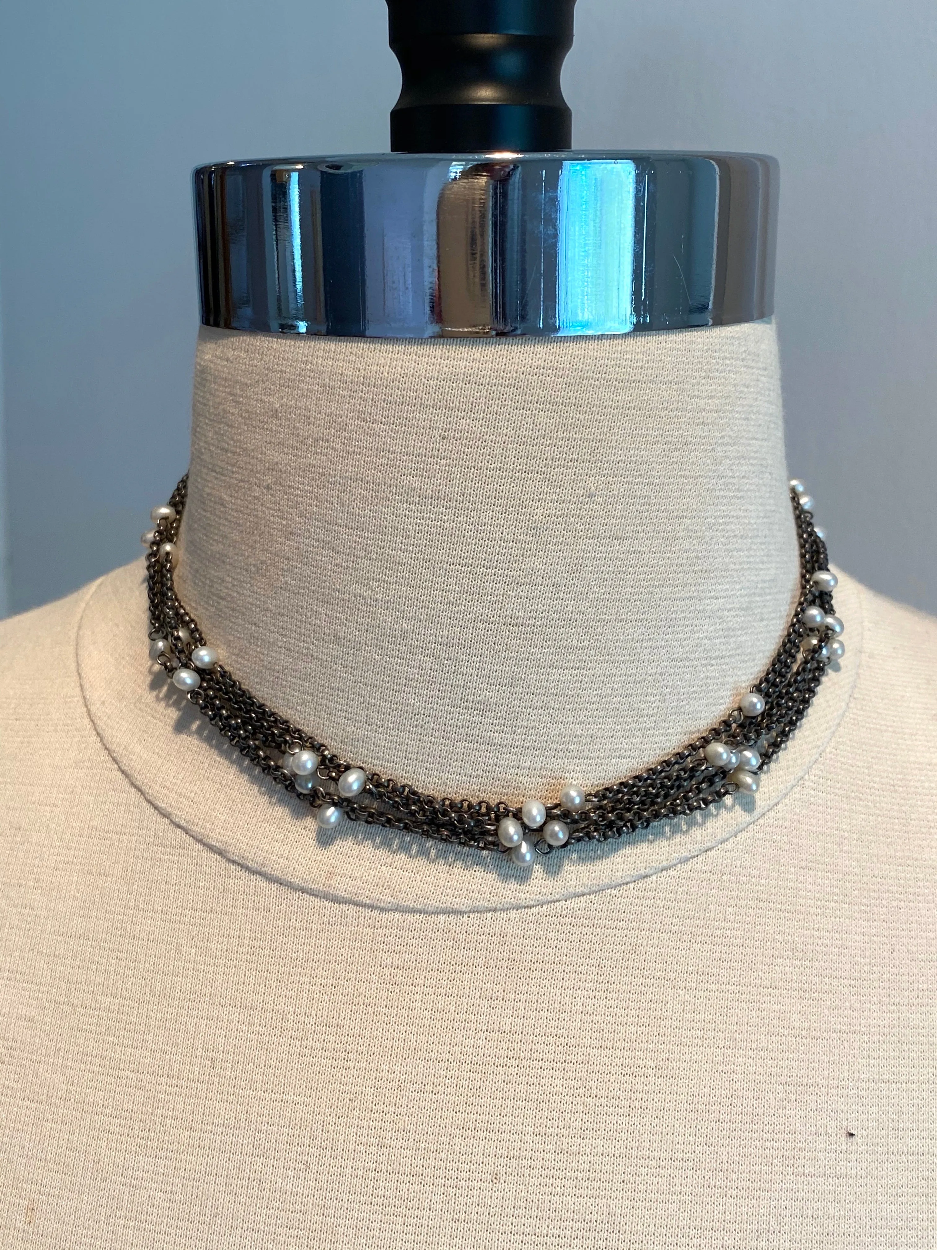 Sterling Multi Strand Oxidized Pearl Necklace Choker