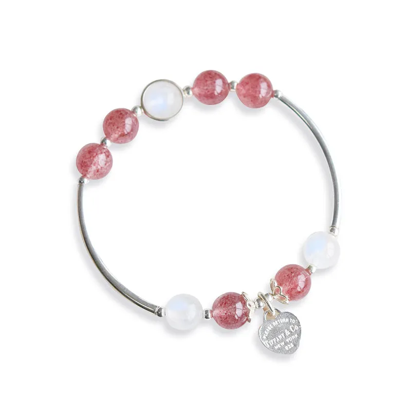 Sterling Silver Moonstone Strawberry Quartz Bead Bracelet Handmade Jewelry Women