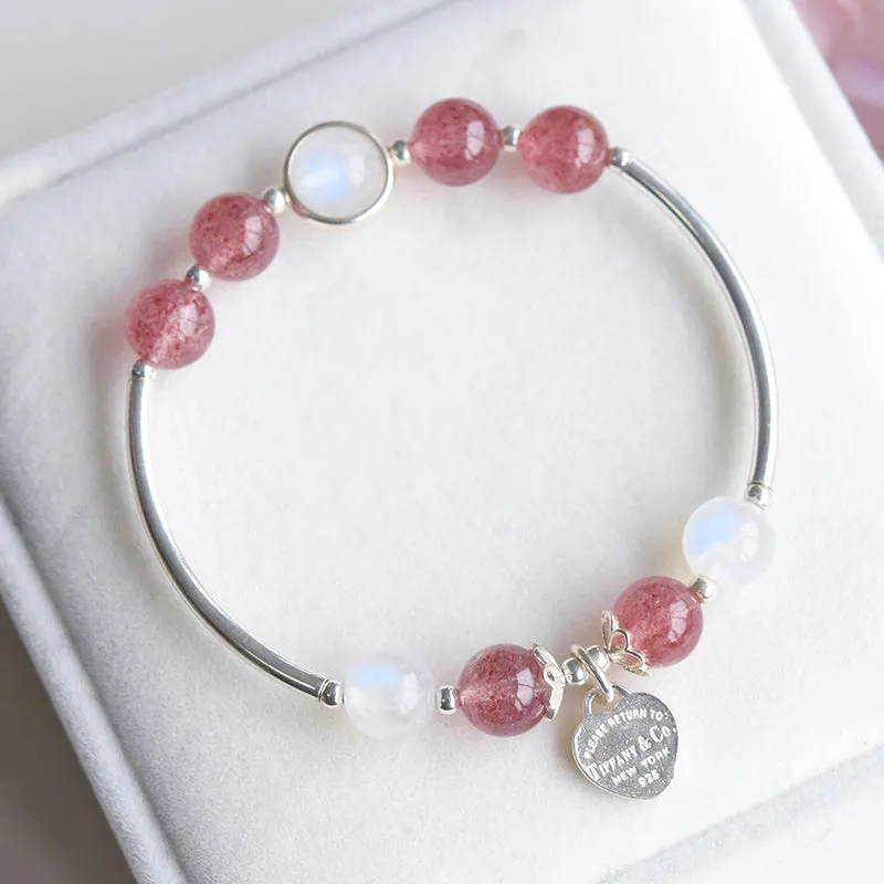 Sterling Silver Moonstone Strawberry Quartz Bead Bracelet Handmade Jewelry Women