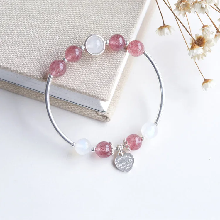 Sterling Silver Moonstone Strawberry Quartz Bead Bracelet Handmade Jewelry Women