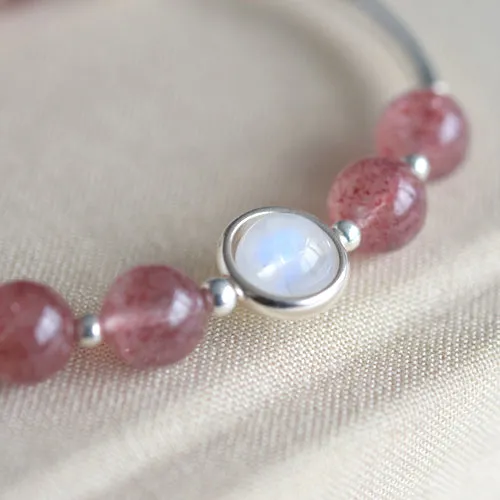 Sterling Silver Moonstone Strawberry Quartz Bead Bracelet Handmade Jewelry Women