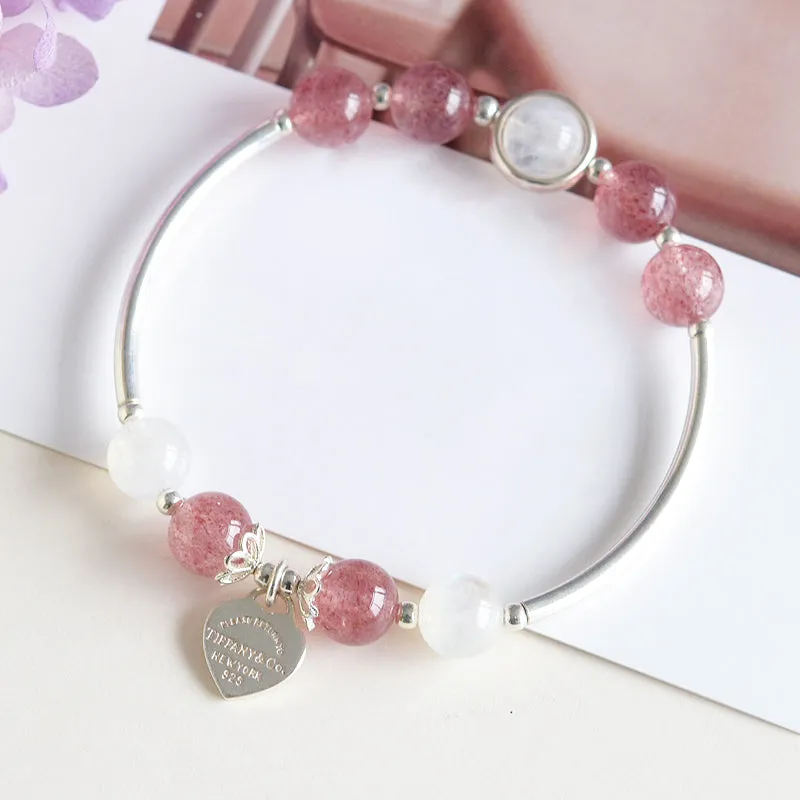 Sterling Silver Moonstone Strawberry Quartz Bead Bracelet Handmade Jewelry Women