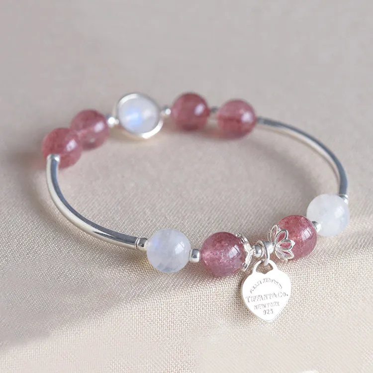 Sterling Silver Moonstone Strawberry Quartz Bead Bracelet Handmade Jewelry Women