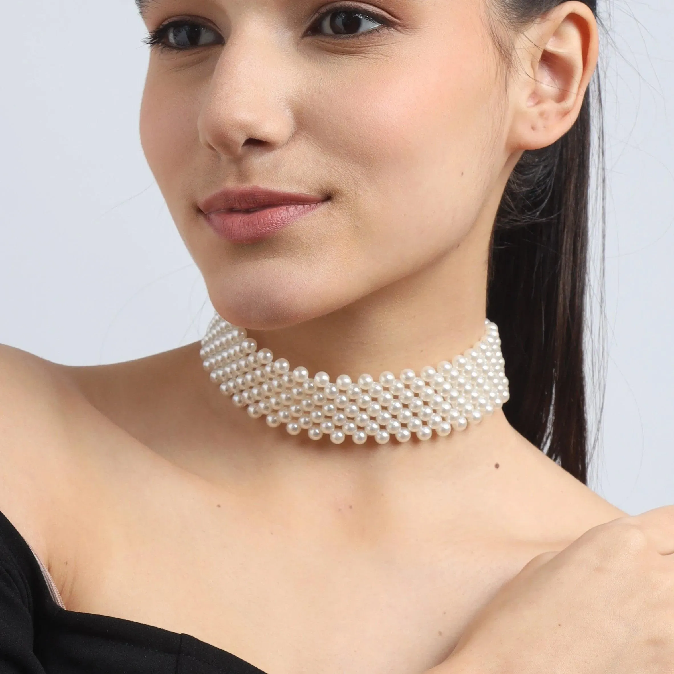 TFC Pearl Mesh Gold Plated Choker Necklace