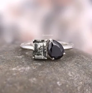 'Toi Et Moi' Rutilated Quartz & Black Onyx Ring- 925 Sterling Silver