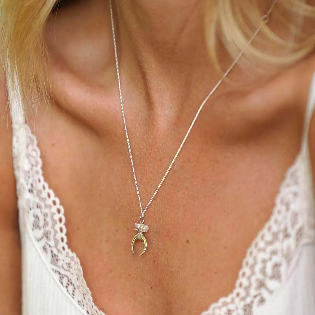 True Balance Moon Crescent Necklace with Clear Quartz & Sterling Silver